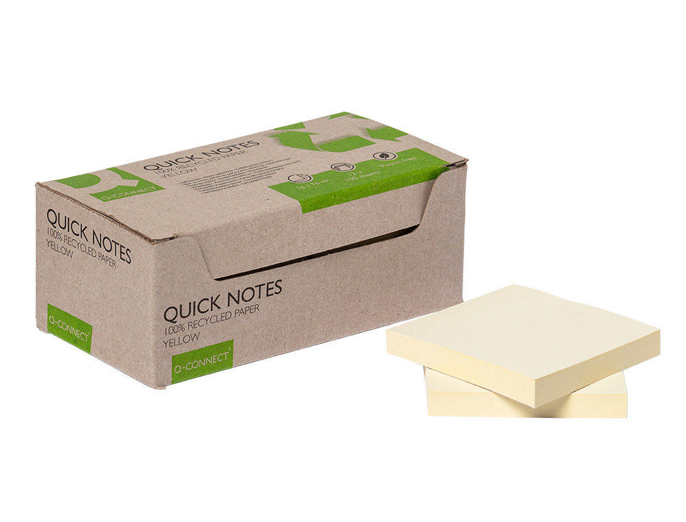 Bloc de notas adhesivas quita y pon q-connect 76x76 mm 100% papel reciclado amarillo en caja de carton