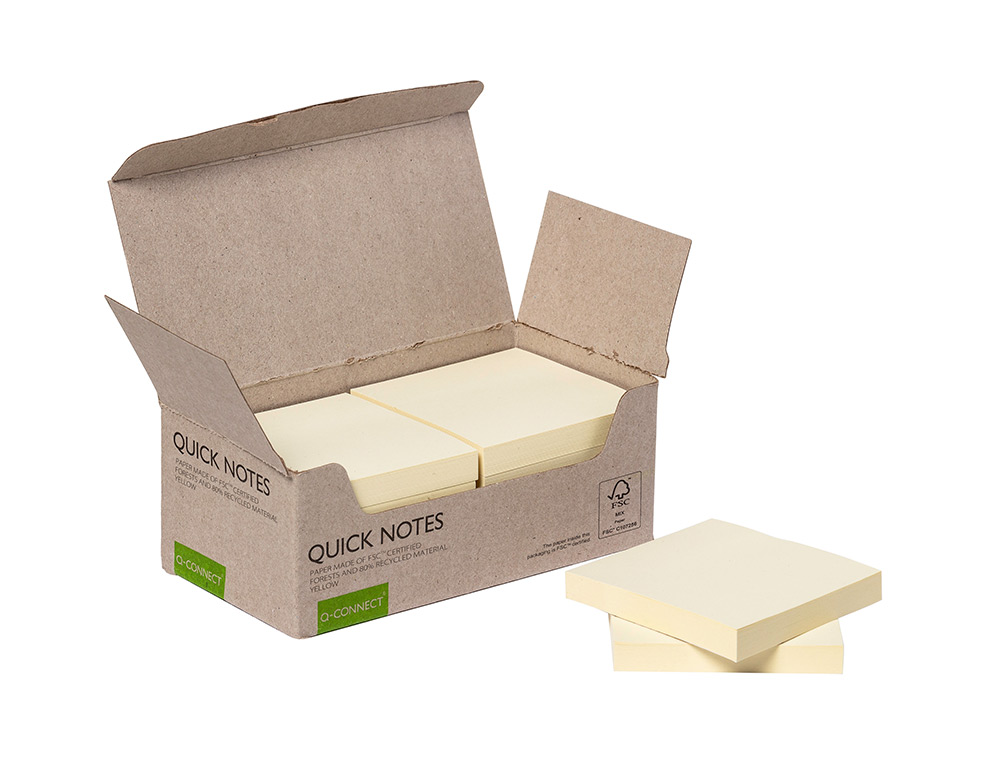BLOC DE NOTAS ADHESIVAS QUITA Y PON Q-CONNECT 76X76 MM 100% PAPEL RECICLADO AMARILLO EN CAJA DE CARTON