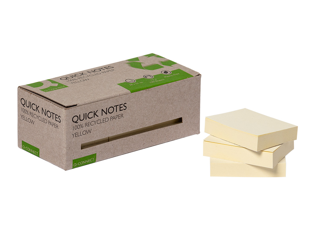 Bloc de notas adhesivas quita y pon q-connect 38x51 mm 100% papel reciclado amarillo en caja de carton