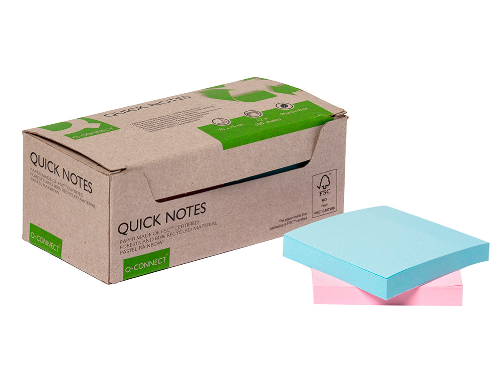 BLOC DE NOTAS ADHESIVAS QUITA Y PON Q-CONNECT 76X76 MM 100% PAPEL RECICLADO COLORES PASTELES EN CAJA DE CARTON