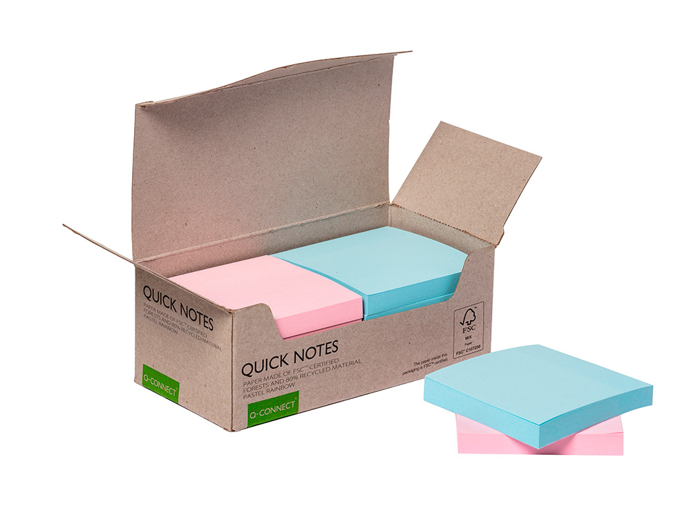 BLOC DE NOTAS ADHESIVAS QUITA Y PON Q-CONNECT 76X76 MM 100% PAPEL RECICLADO COLORES PASTELES EN CAJA DE CARTON