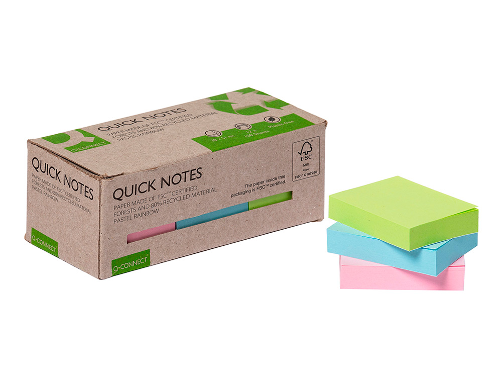 BLOC DE NOTAS ADHESIVAS QUITA Y PON Q-CONNECT 38X51 MM 100% PAPEL RECICLADO COLORES PASTELES EN CAJA DE CARTON