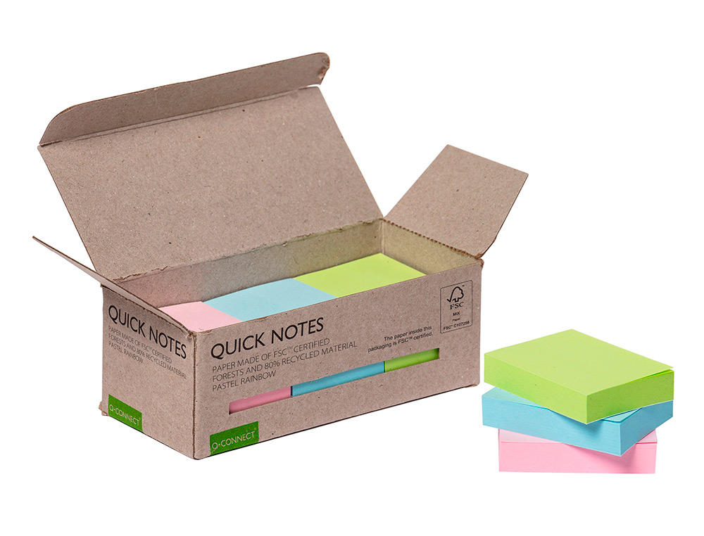 BLOC DE NOTAS ADHESIVAS QUITA Y PON Q-CONNECT 38X51 MM 100% PAPEL RECICLADO COLORES PASTELES EN CAJA DE CARTON