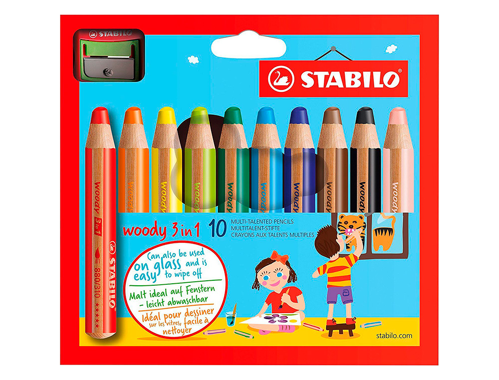 Lapices de colores stabilo woody 3 en 1 mina xxl estuche de 10 colores surtidos + sacapuntas