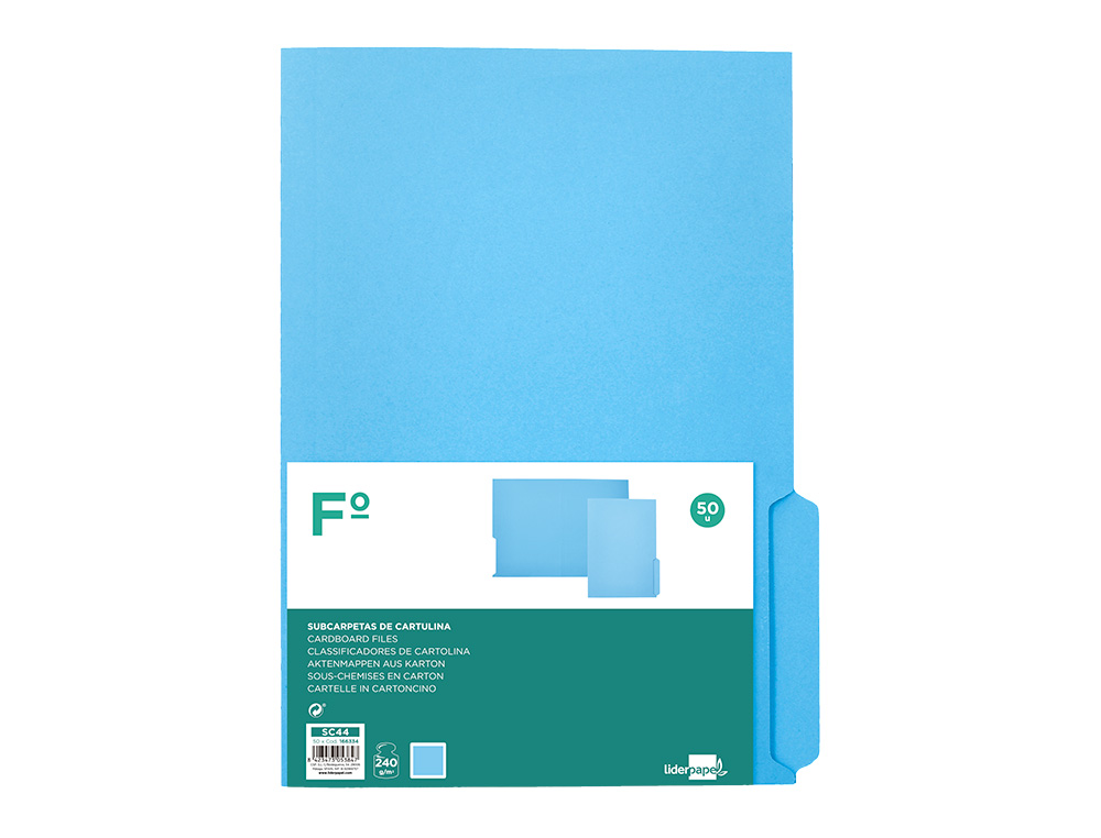 Subcarpeta cartulina liderpapel folio pestaña inferior 240g/m2 azul