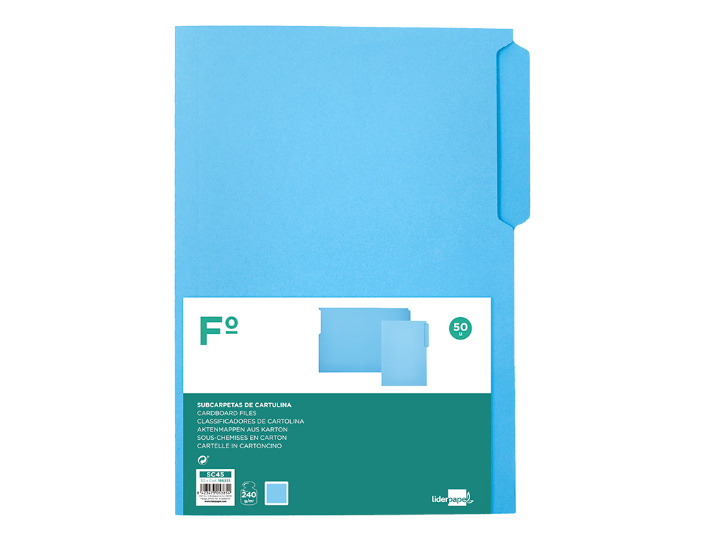 SUBCARPETA CARTULINA LIDERPAPEL FOLIO PESTAÑA SUPERIOR 240G/M2 AZUL