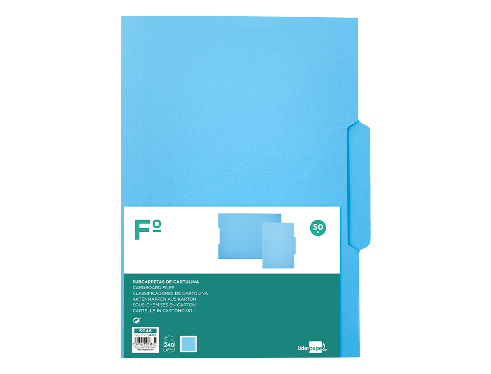SUBCARPETA CARTULINA LIDERPAPEL FOLIO PESTAÑA CENTRAL 240G/M2 AZUL