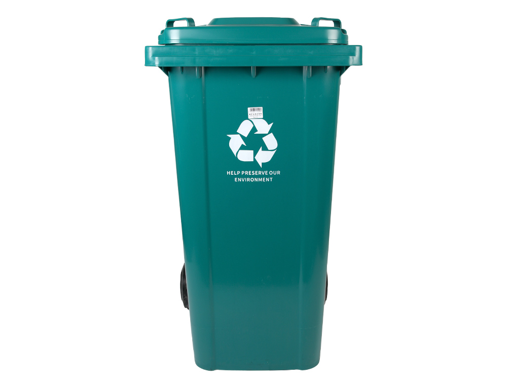 Papelera contenedor q-connect plastico con tapadera y ruedas 240 litros verde 1040x620x610 mm