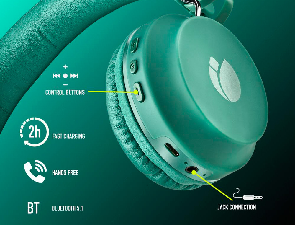 AURICULAR NGS ARTICA CHILL TEAL BLUETOOTH 5.0 FUNCION MANOS LIBRES Y ENTRADA DE AUDIO AUXILIAR JACK 3,5 MM