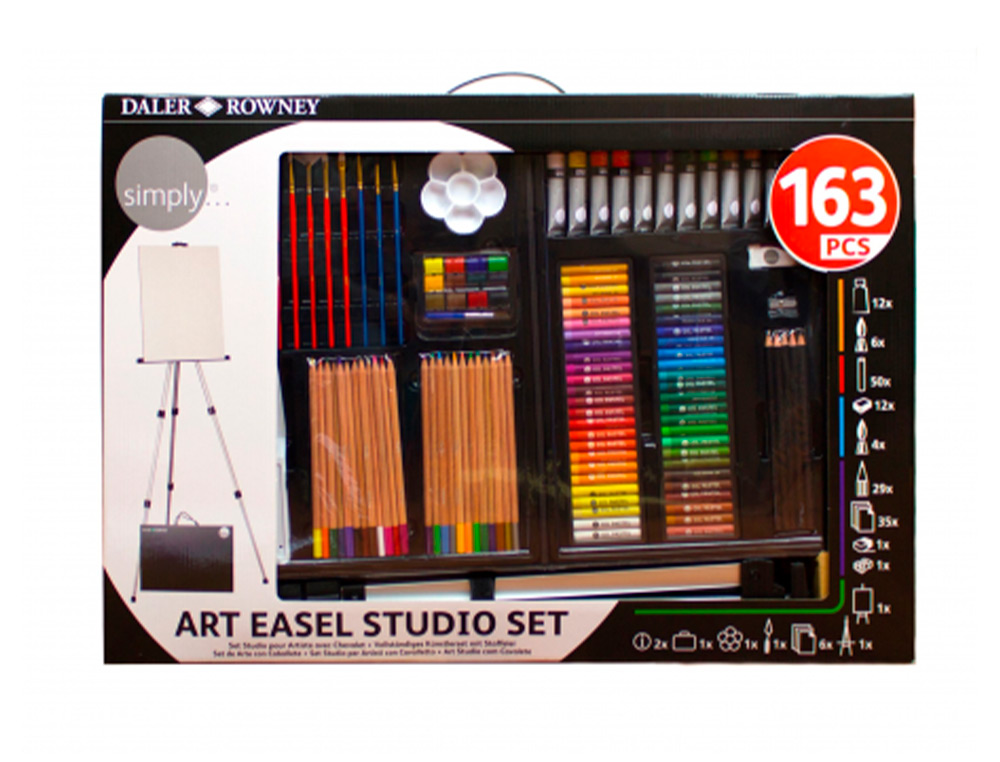 Set de pinturas daler rowney 163 piezas con caballete de aluminio plegable 500x70x727 mm