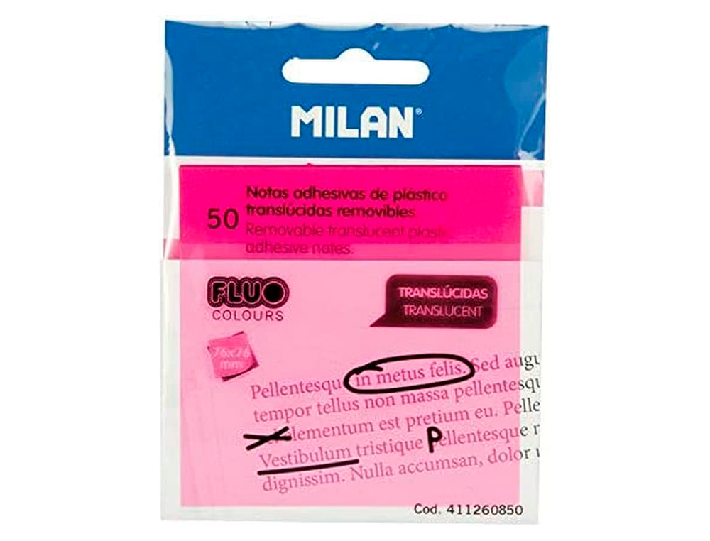 Bloc de notas adhesivas quita y pon milan 76x76 mm removible plastico translucido rosa fluor 50