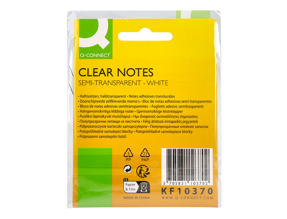 BLOC DE NOTAS ADHESIVAS QUITA Y PON Q-CONNECT 76X76 MM REMOVIBLE PLASTICO TRANSLUCIDO BLANCO 50 HOJAS