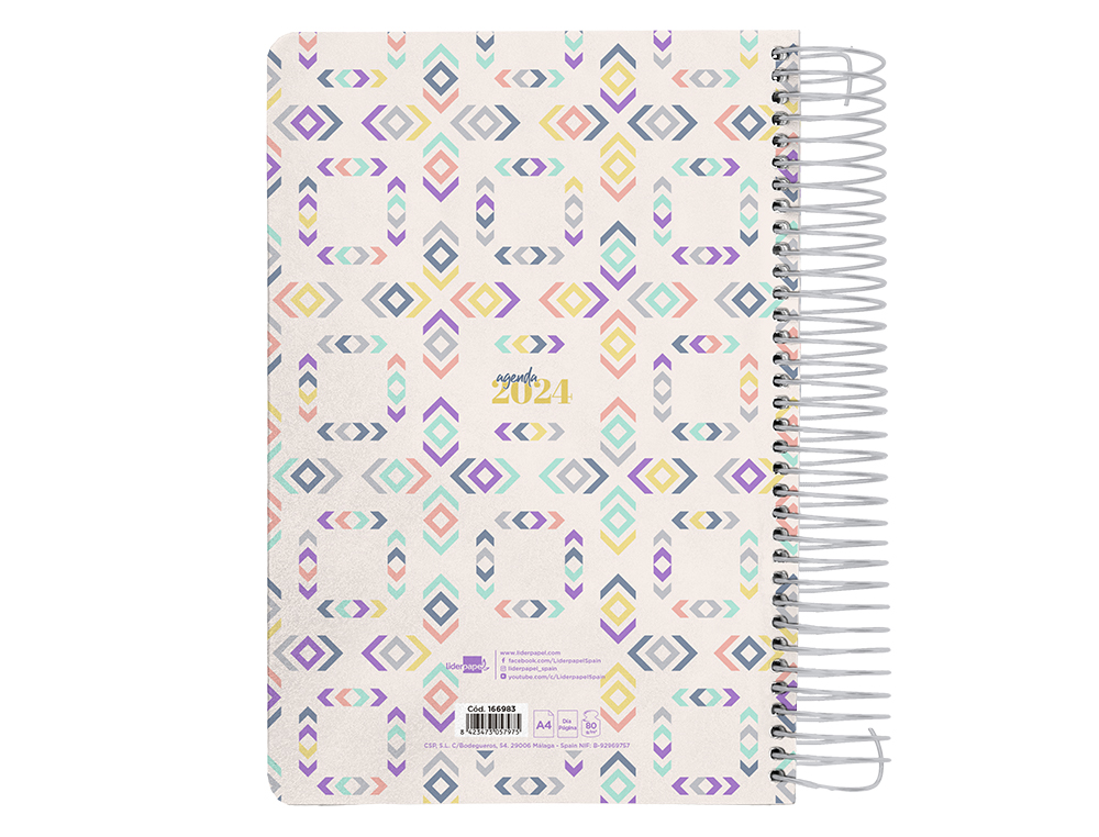 AGENDA ESPIRAL LIDERPAPEL PERISSA A4 2024 DIA PAGINA PAPEL 80 GR DISEO SQUARE
