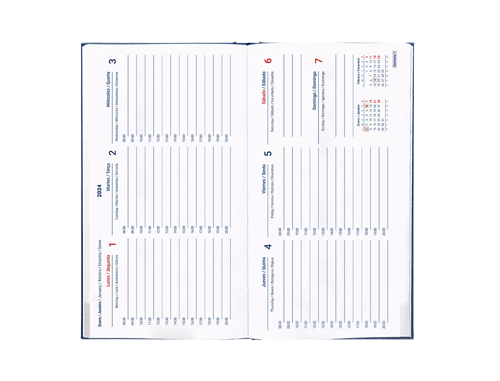 AGENDA ENCUADERNADA LIDERPAPEL CRETA 8X15 CM 2024 SEMANA VISTA COLOR AZUL PAPEL 70 GR