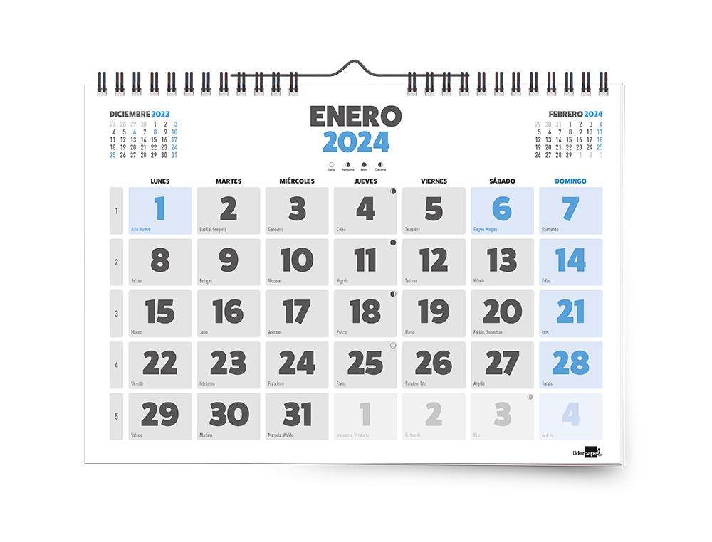 CALENDARIO ESPIRAL PARED LIDERPAPEL CLASICO 2024 NUMEROS GRANDES 44X32 CM PAPEL 70 GR