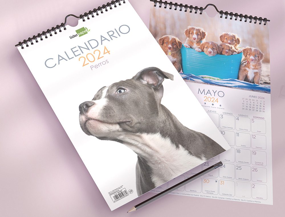 CALENDARIO ESPIRAL PARED LIDERPAPEL IMAGENES PERROS 2024 PARA ESCRIBIR 25X40 CM PAPEL 150 GR