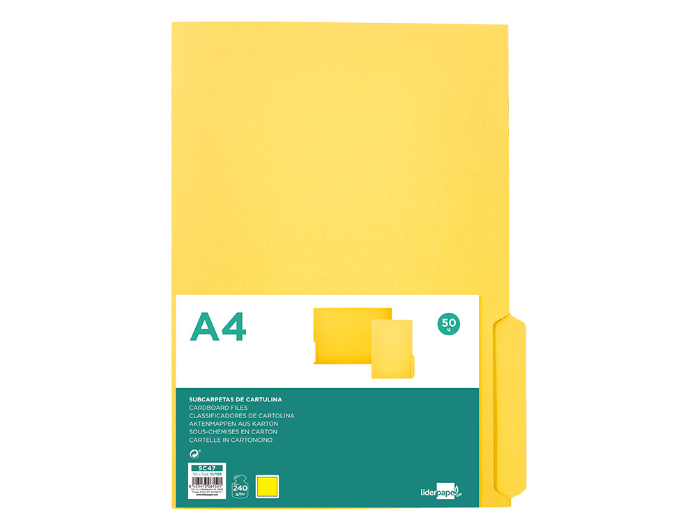 SUBCARPETA CARTULINA LIDERPAPEL A4 PESTAA INFERIOR 240G/M2 COLOR AMARILLO