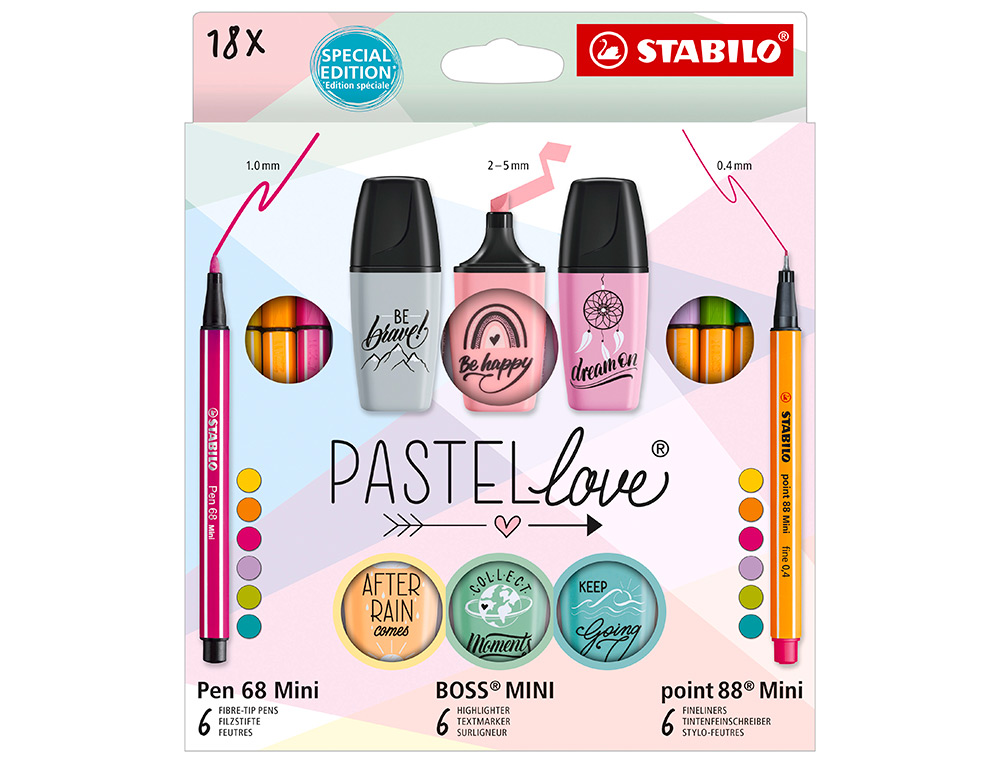 Set stabilo pastel love mini world pen 68 / point 88 / boss 18 unidades surtidas