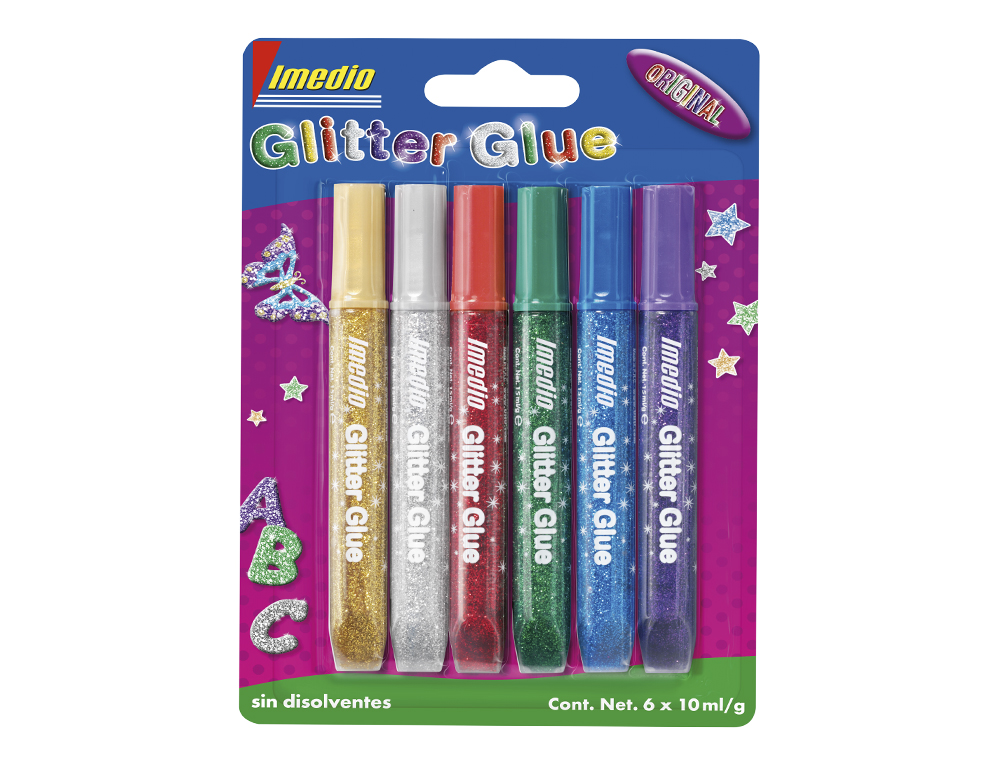 Pegamento imedio glitter glue original para manualidades 10ml blister de 6 unidades colores surtidos