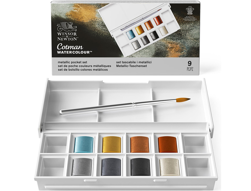 Acuarela winsor&newton caja metalica bolsillo con 8 colores metalicos + pincel