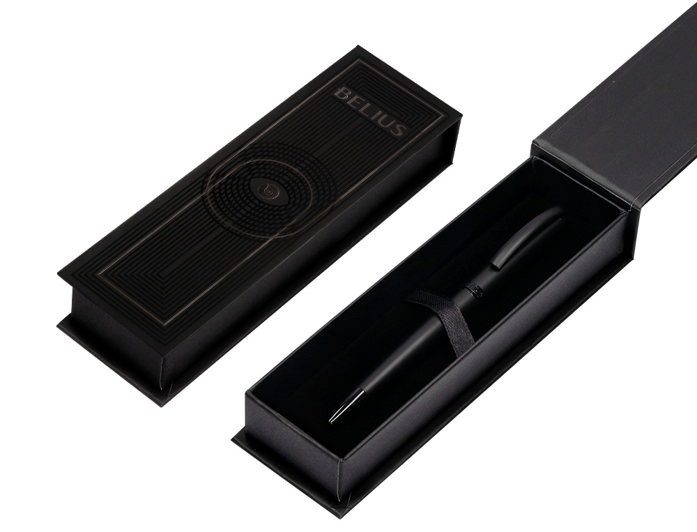 BOLIGRAFO BELIUS TURBO ALUMINIO COLOR NEGRO TINTA AZUL CAJA DE DISEÑO