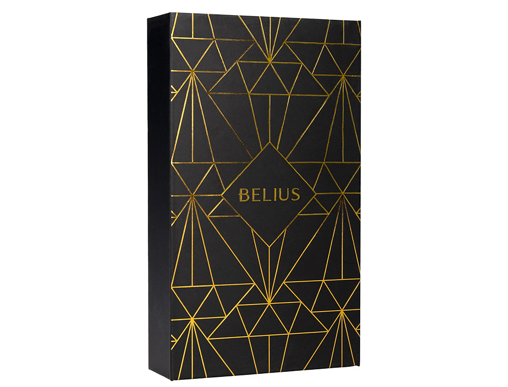 PLUMA Y ESTUCHE BELIUS SOIREE COLOR ART DECO NEGRO Y DORADO TINTA AZUL CAJA DE DISEÑO