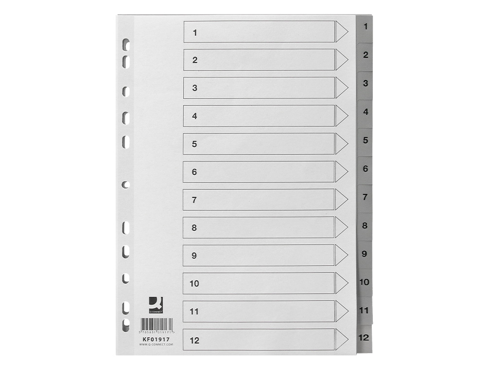 SEPARADOR NUMERICO Q-CONNECT PLASTICO 1-12 JUEGO DE 12 SEPARADORES DIN A4 MULTITALADRO