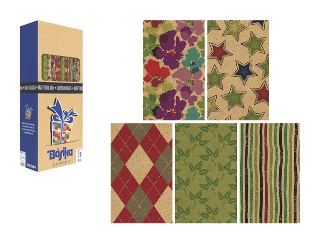 PAPEL DE REGALO BASIKA KRAFT TODO AÑO ROLLO ANCHO 70 CM LONGITUD 2 M DISEÑOS SURTIDOS GRAMAJE 50 GR