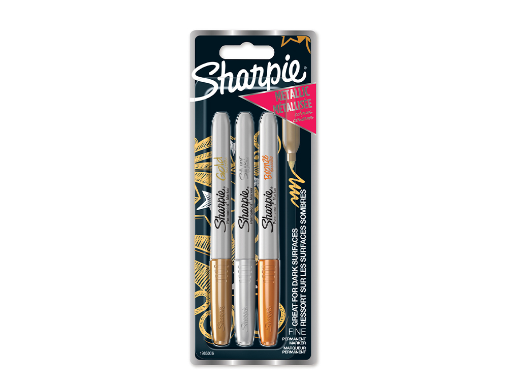 Rotulador sharpie permanente fino metalico blister de 3 unidades oro/plata/bronce clipstrip de 12 blister