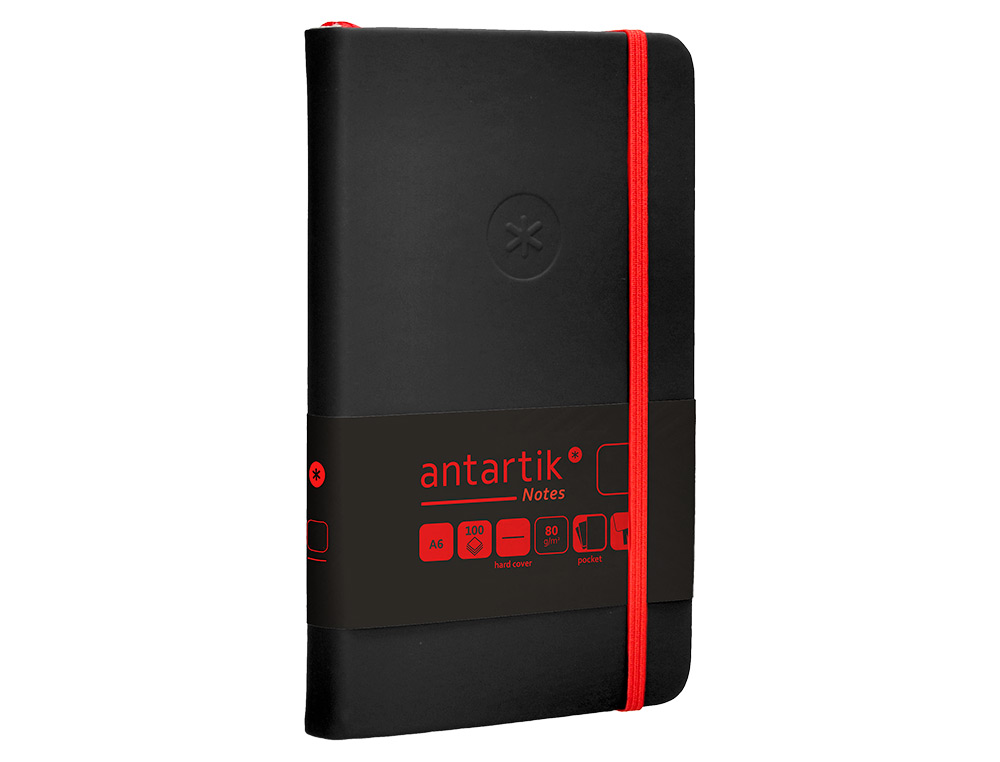 CUADERNO CON GOMILLA ANTARTIK NOTES TAPA DURA A6 HOJAS LISAS NEGRO Y ROJO 100 HOJAS 80 GR FSC