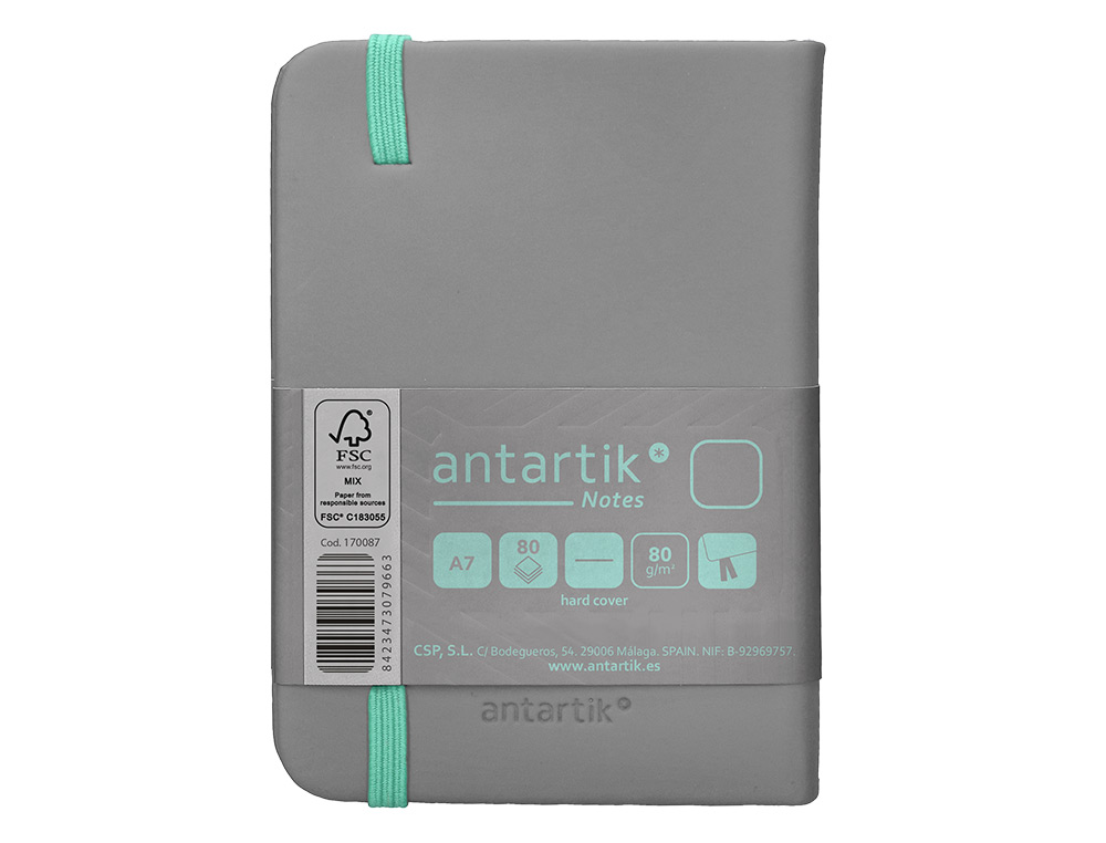 CUADERNO CON GOMILLA ANTARTIK NOTES TAPA DURA A7 HOJAS LISAS GRIS Y TURQUESA 80 HOJAS 80 GR FSC