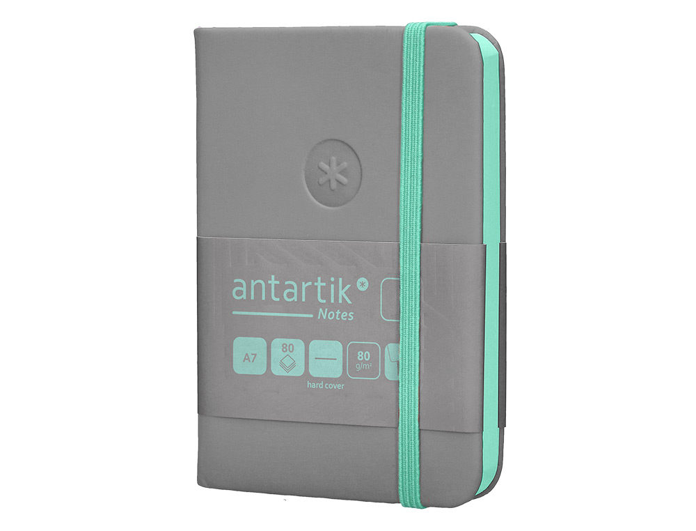 CUADERNO CON GOMILLA ANTARTIK NOTES TAPA DURA A7 HOJAS LISAS GRIS Y TURQUESA 80 HOJAS 80 GR FSC