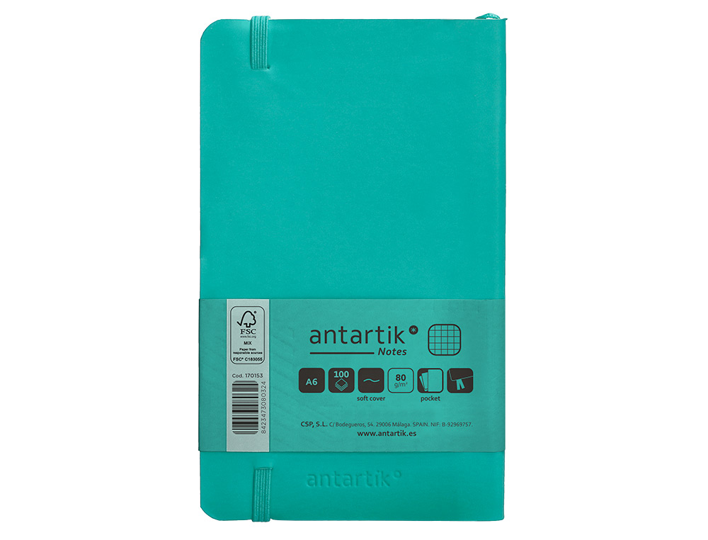 CUADERNO CON GOMILLA ANTARTIK NOTES TAPA BLANDA A6 CUADRICULA TURQUESA 100 HOJAS 80 GR FSC
