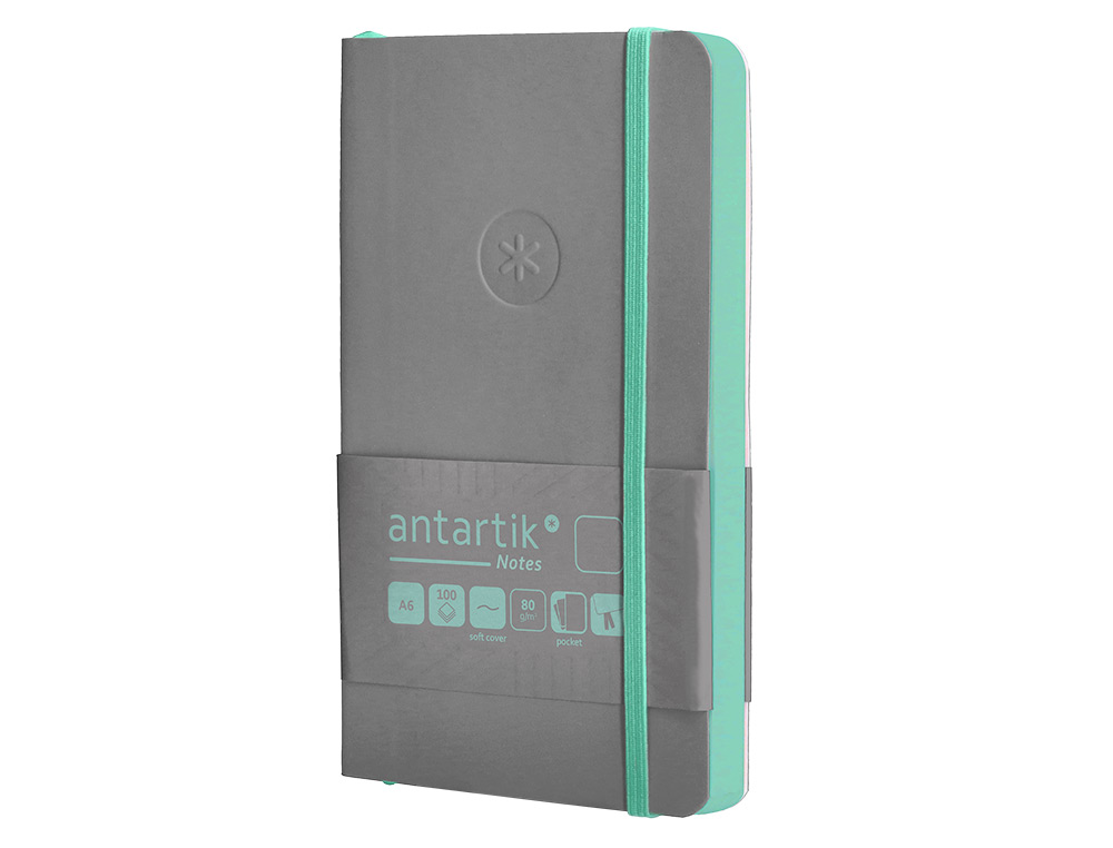 CUADERNO CON GOMILLA ANTARTIK NOTES TAPA BLANDA A6 HOJAS LISAS GRIS Y TURQUESA 100 HOJAS 80 GR FSC