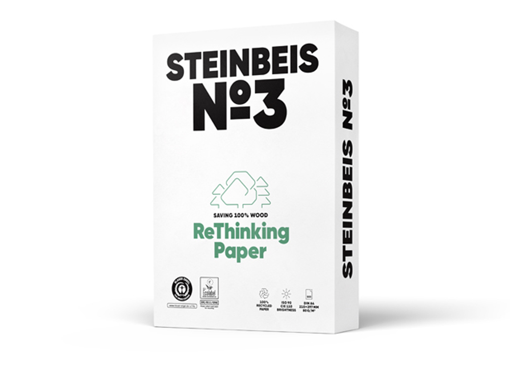 PAPEL FOTOCOPIA STEINBEIS N.3 100% RECICLADO DIN A4 80 GR EMBALAGEM 500 FOLHAS