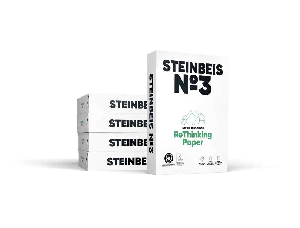 PAPEL FOTOCOPIA STEINBEIS N.3 100% RECICLADO DIN A4 80 GR EMBALAGEM 500 FOLHAS