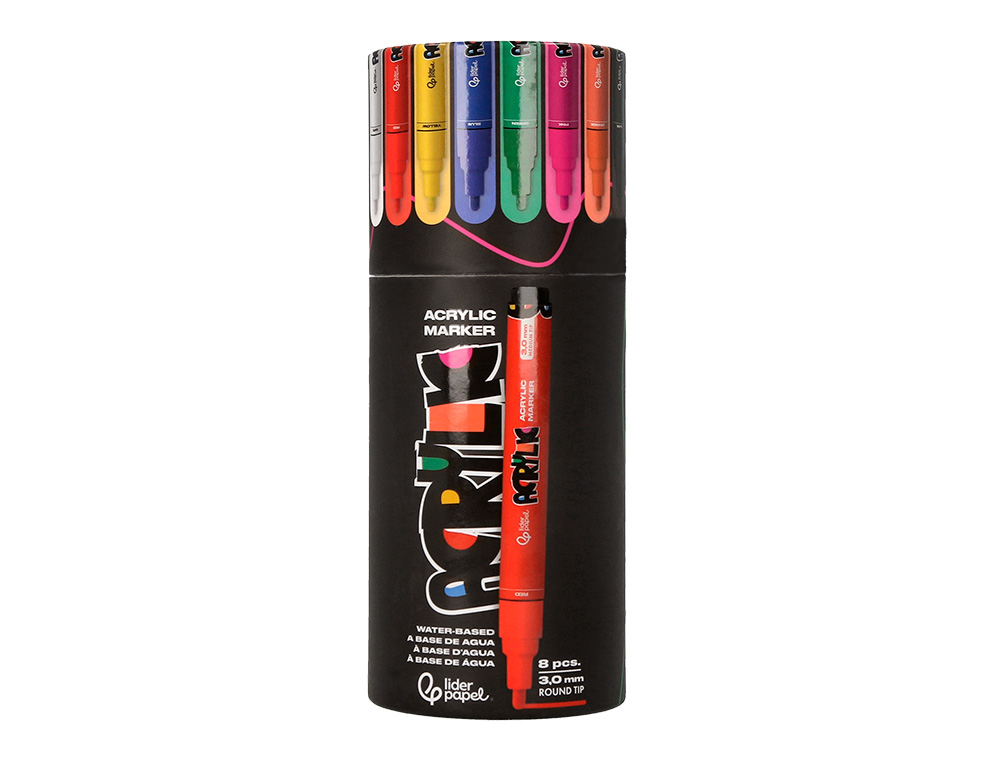 MARCADOR LIDERPAPEL ACRYLIC BASE AGUA TODO TIPO DE SUPERFICIE PONTA REDONDA 3 MM CAIXA DE 8 UNIDADES CORES