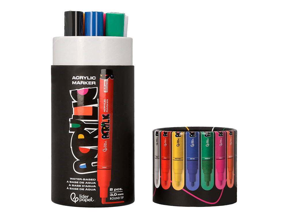 MARCADOR LIDERPAPEL ACRYLIC BASE AGUA TODO TIPO DE SUPERFICIE PONTA REDONDA 3 MM CAIXA DE 8 UNIDADES CORES