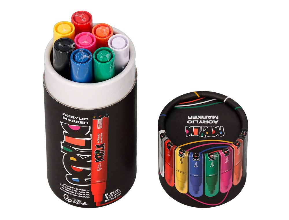 MARCADOR LIDERPAPEL ACRYLIC BASE AGUA TODO TIPO DE SUPERFICIE PONTA REDONDA 3 MM CAIXA DE 8 UNIDADES CORES