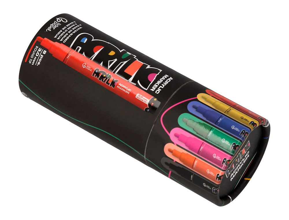 MARCADOR LIDERPAPEL ACRYLIC BASE AGUA TODO TIPO DE SUPERFICIE PONTA REDONDA 3 MM CAIXA DE 8 UNIDADES CORES