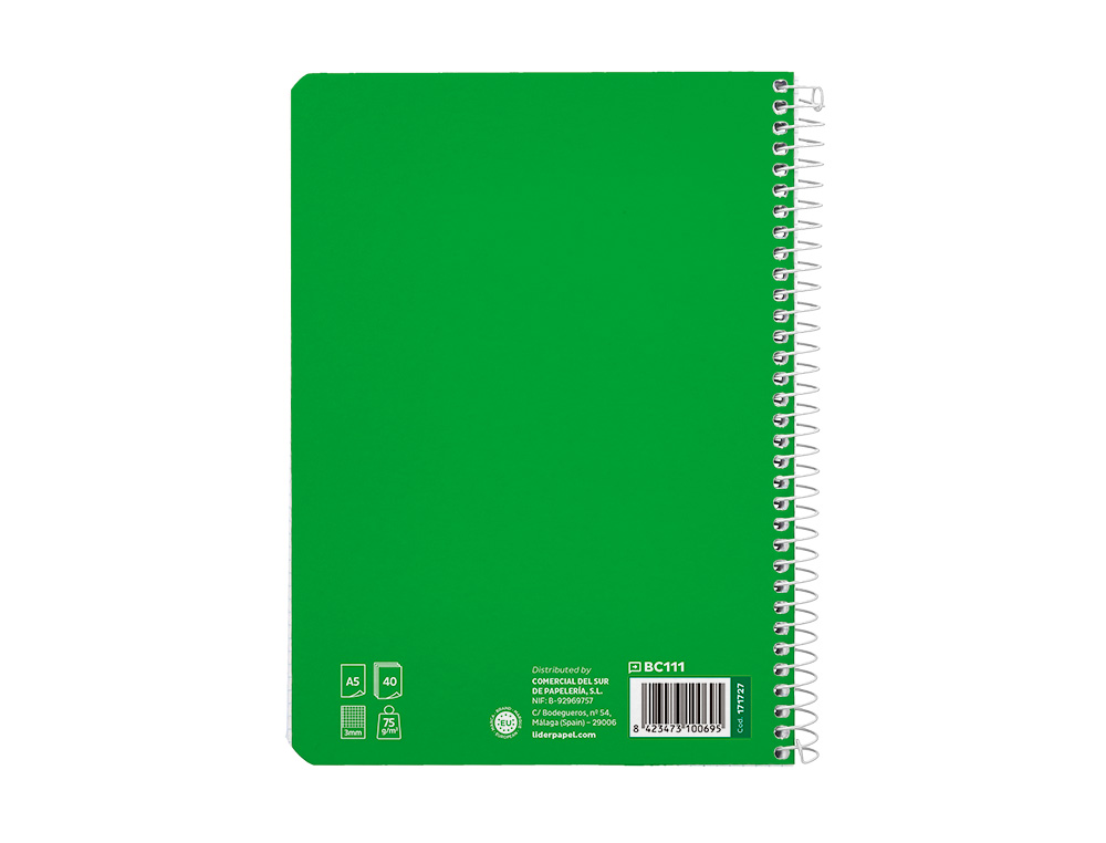 CUADERNO ESPIRAL LIDERPAPEL A5 PAUTAGUIA TAPA BLANDA 40H 75 GR CUADRO PAUTADO 3MM COLOR VERDE