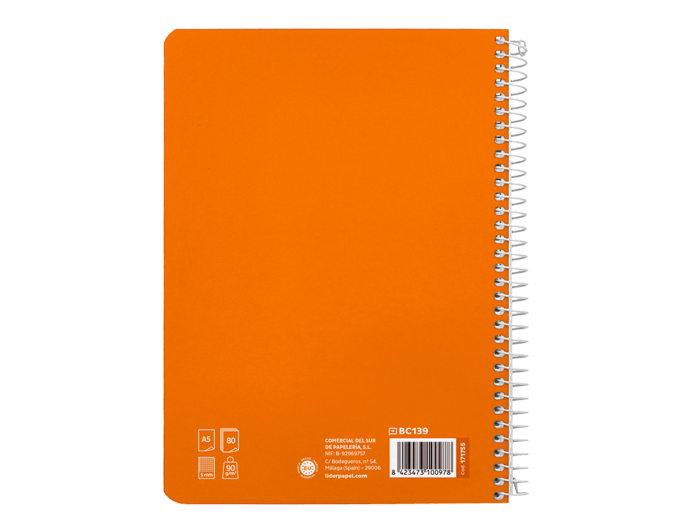 CUADERNO ESPIRAL LIDERPAPEL A5 PAUTAGUIA TAPA DURA 80H 90 GR CUADRO PAUTADO 5MM COLOR NARANJA