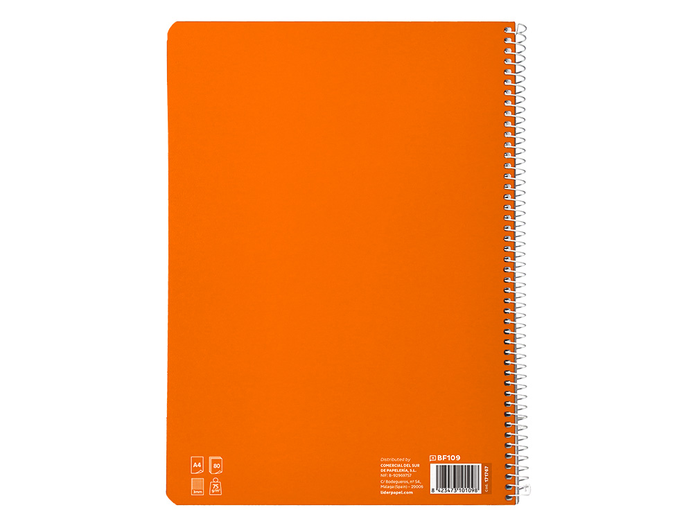 CUADERNO ESPIRAL LIDERPAPEL A4 PAUTAGUIA TAPA BLANDA 80H 75 GR CUADRO PAUTADO 3MM COLOR NARANJA