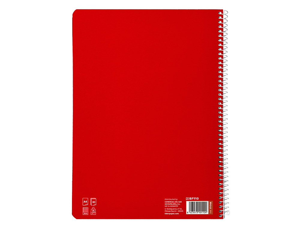 CUADERNO ESPIRAL LIDERPAPEL A4 PAUTAGUIA TAPA BLANDA 80H 75 GR CUADRO PAUTADO 3MM COLOR ROJO