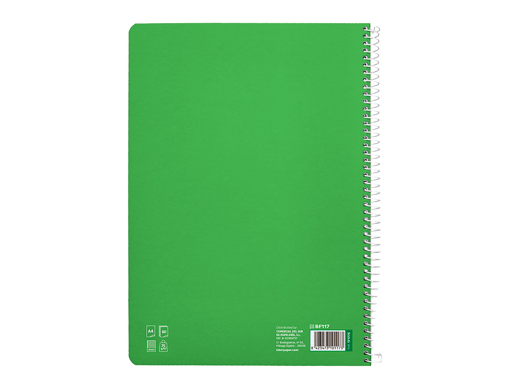 CUADERNO ESPIRAL LIDERPAPEL A4 PAUTAGUIA TAPA BLANDA 80H 75 GR CUADRO PAUTADO 4MM COLOR VERDE