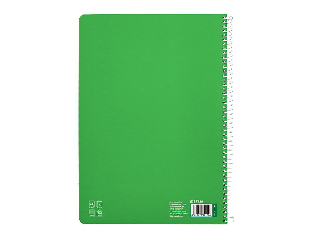 CUADERNO ESPIRAL LIDERPAPEL DIN A4 PAUTAGUIA TAPA DURA 80H 90 GR CUADRO PAUTADO 2,5MM COLOR VERDE