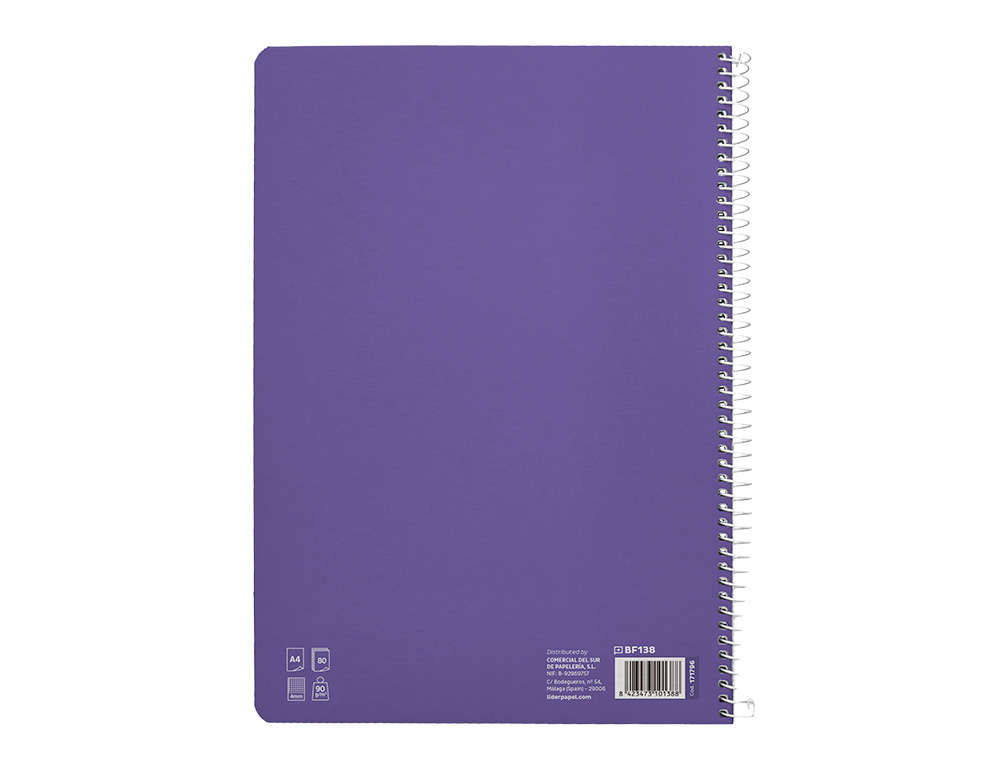 CUADERNO ESPIRAL LIDERPAPEL A4 PAUTAGUIA TAPA DURA 80H 90 GR CUADRO PAUTADO 4MM COLOR LILA