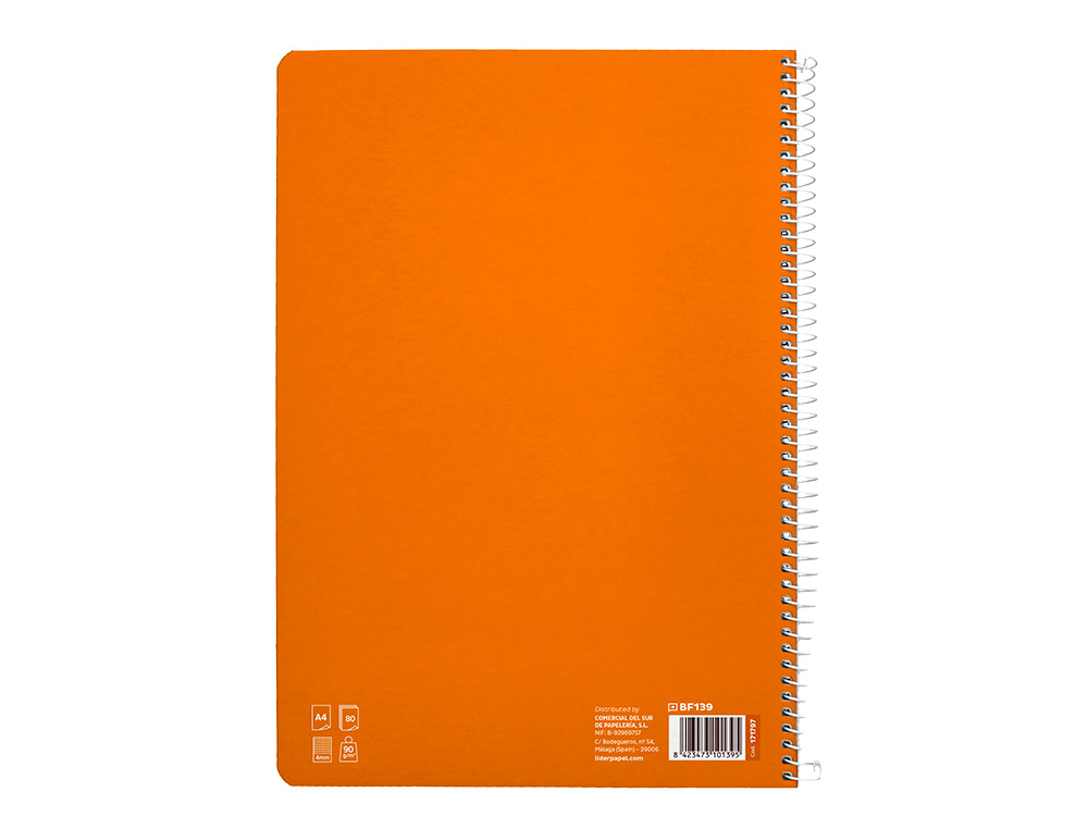 CUADERNO ESPIRAL LIDERPAPEL A4 PAUTAGUIA TAPA DURA 80H 90 GR CUADRO PAUTADO 4MM COLOR NARANJA