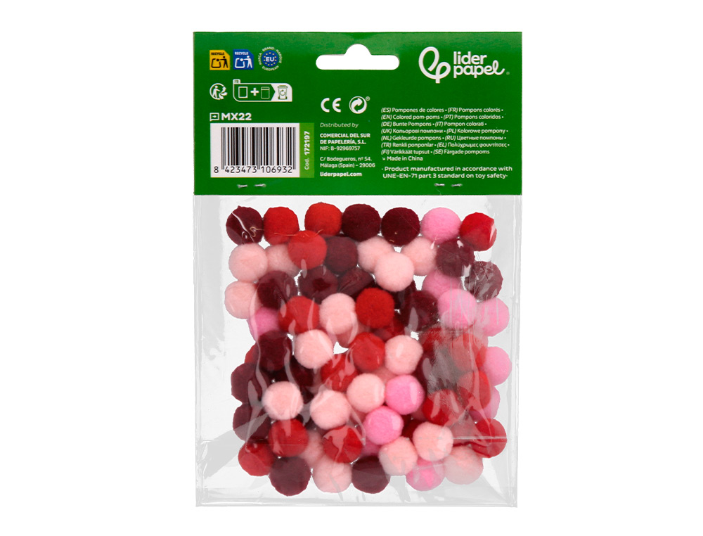 POMPONES DE COLORES LIDERPAPEL 1,5 CM TONALIDADES ROJAS BOLSA CON 80 UNIDADES
