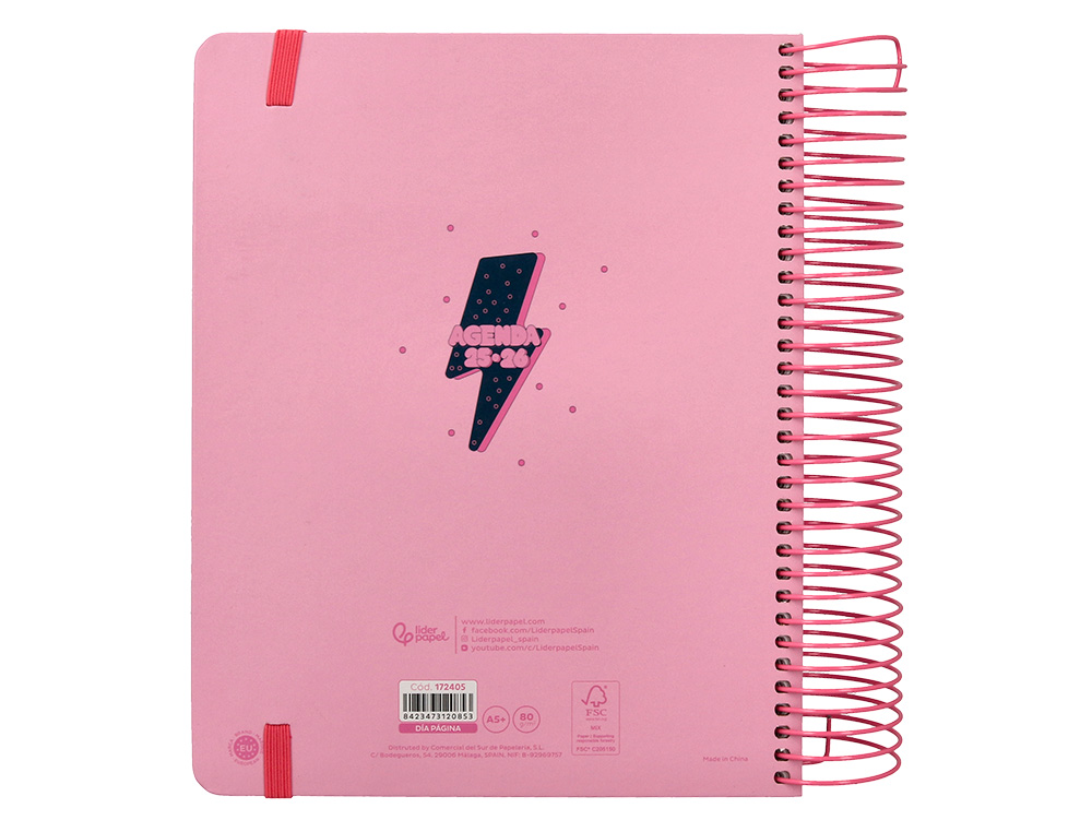 AGENDA ESCOLAR LIDERPAPEL 25-26 ESPIRAL PATTERNS RAYOS ROSA DIA PAGINA A5 BILINGE PAPEL FSC 80 GR